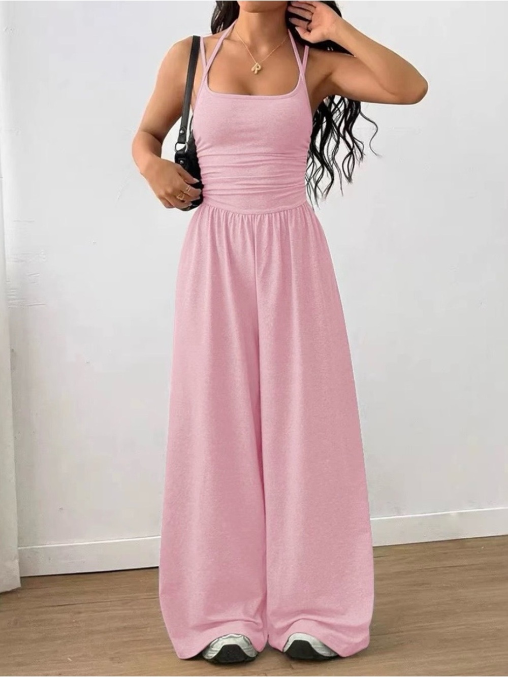 Wide-Leg Pink Jumpsuit with Spaghetti Straps